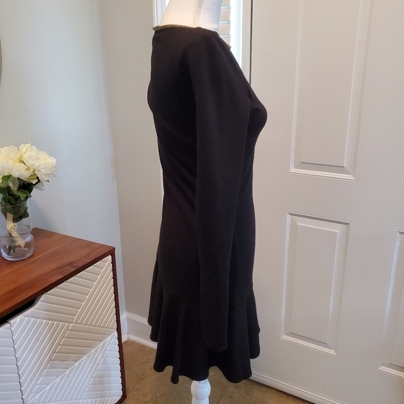 RACHEL Zoe Dropped Waist Dress Womens XS‎ Black Zippered Boat Neck Ruffle Hem - Picture 2 of 14